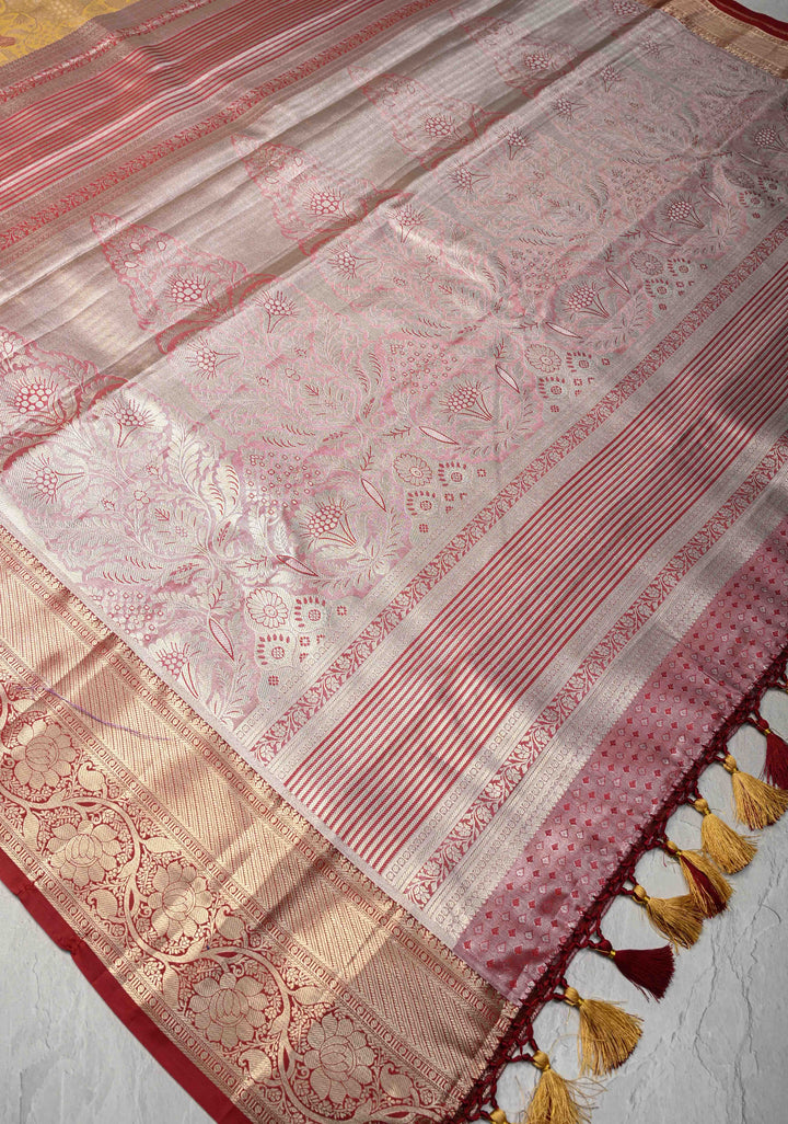 Yellow Kanjivaram Tissue Semi Silk Saree with Floral Meenakari Brocade and Contrast Zari Border