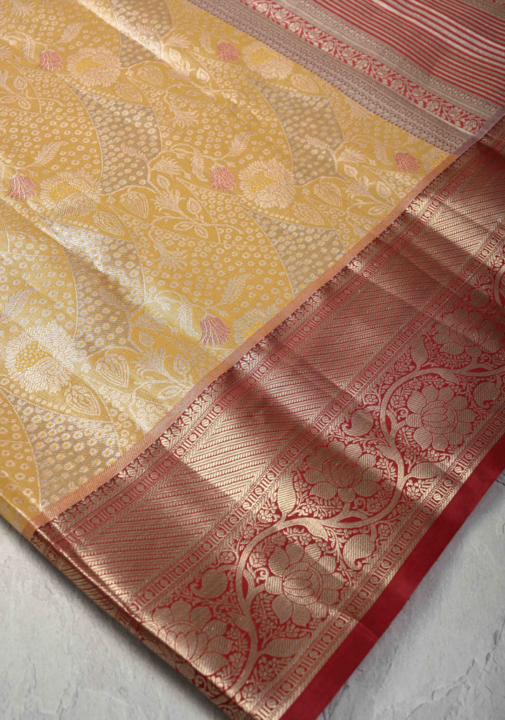 Yellow Kanjivaram Tissue Semi Silk Saree with Floral Meenakari Brocade and Contrast Zari Border