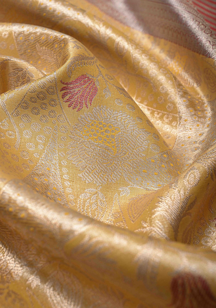 Yellow Kanjivaram Tissue Semi Silk Saree with Floral Meenakari Brocade and Contrast Zari Border