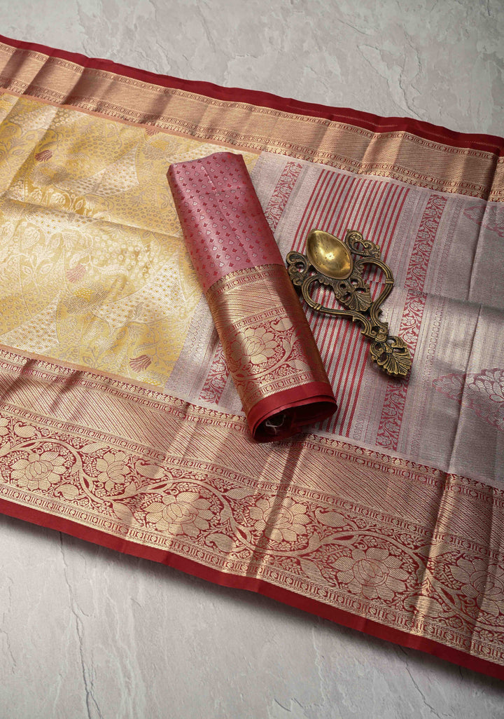 Yellow Kanjivaram Tissue Semi Silk Saree with Floral Meenakari Brocade and Contrast Zari Border