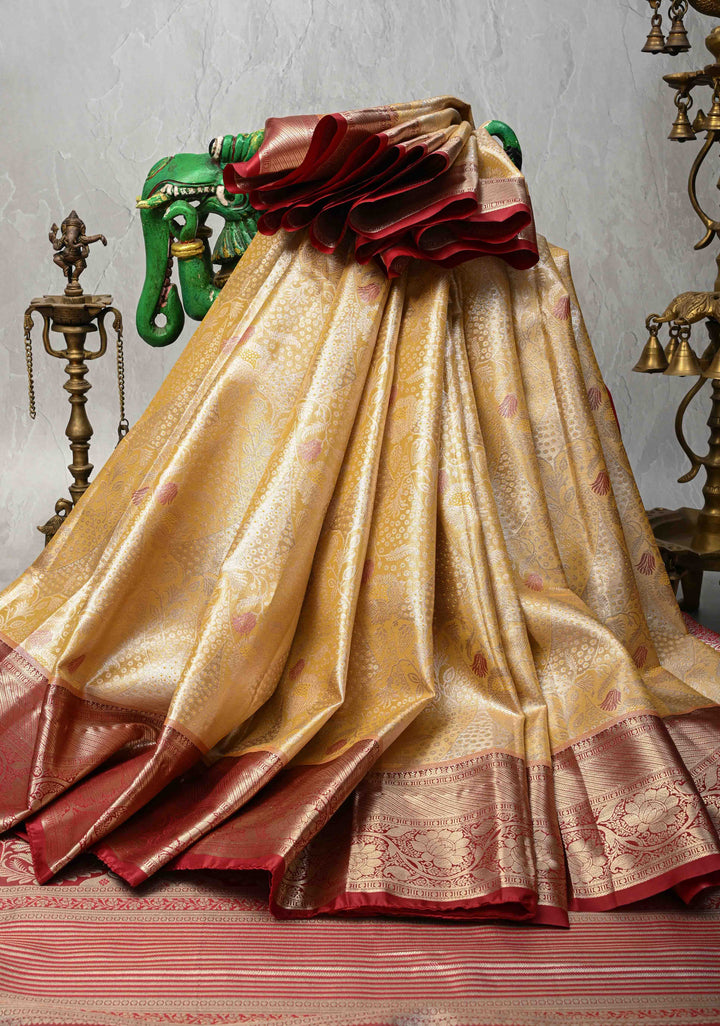 Yellow Kanjivaram Tissue Semi Silk Saree with Floral Meenakari Brocade and Contrast Zari Border