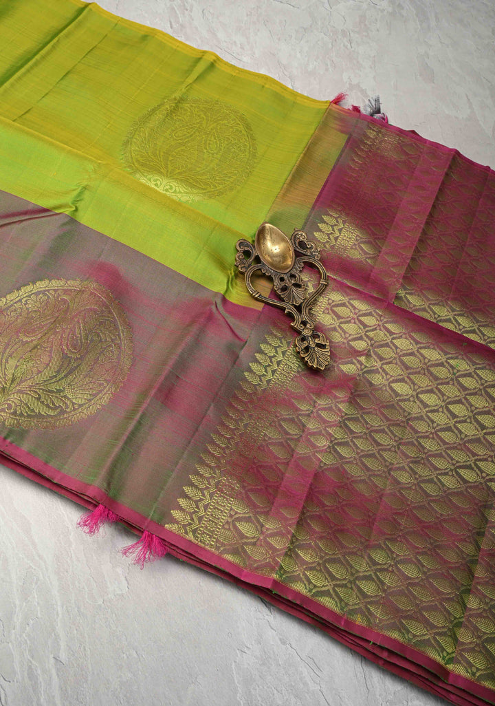 Chartreuse Kanjivaram Silk Saree with Floral Mandala Motifs and Dual tone Border | SILK MARK CERTIFIED