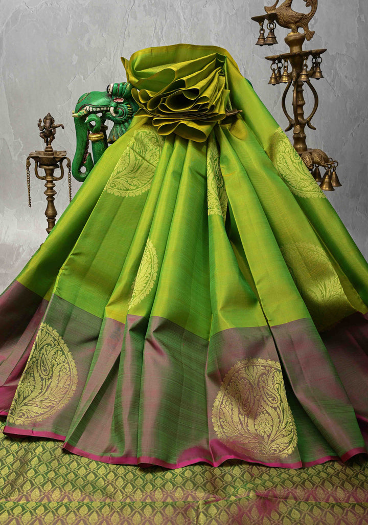 Chartreuse Kanjivaram Silk Saree with Floral Mandala Motifs and Dual tone Border | SILK MARK CERTIFIED
