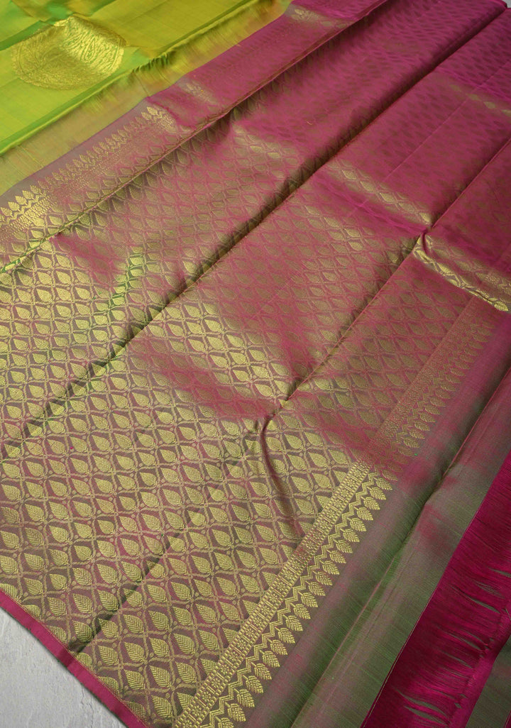 Chartreuse Kanjivaram Silk Saree with Floral Mandala Motifs and Dual tone Border | SILK MARK CERTIFIED