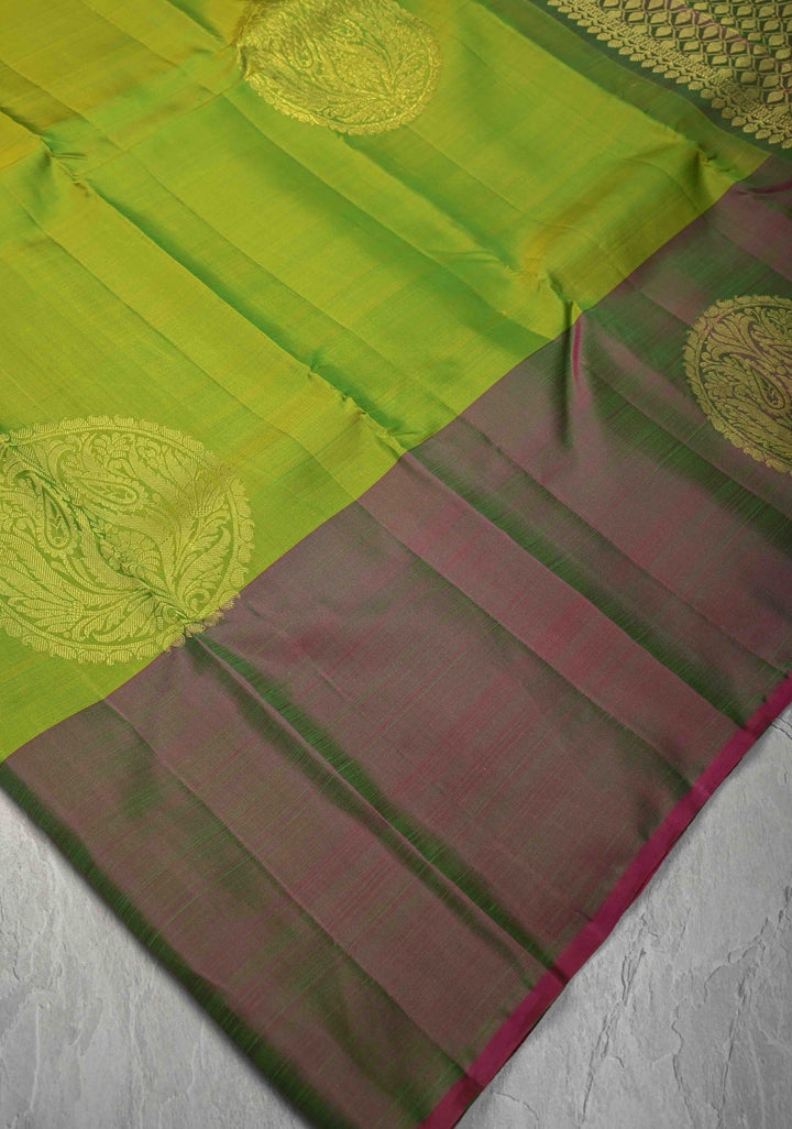 Chartreuse Kanjivaram Silk Saree with Floral Mandala Motifs and Dual tone Border | SILK MARK CERTIFIED