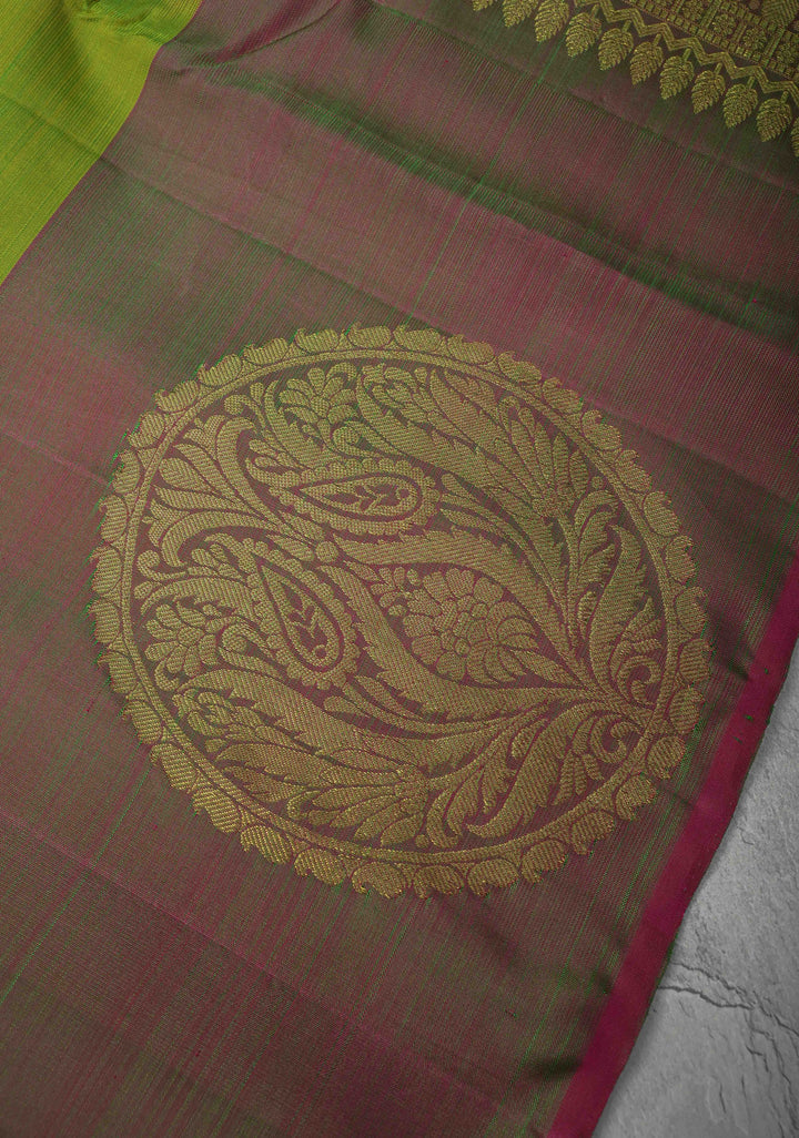 Chartreuse Kanjivaram Silk Saree with Floral Mandala Motifs and Dual tone Border | SILK MARK CERTIFIED