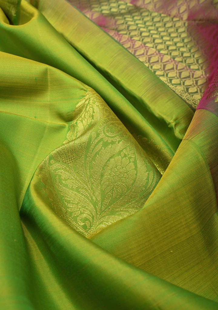 Chartreuse Kanjivaram Silk Saree with Floral Mandala Motifs and Dual tone Border | SILK MARK CERTIFIED