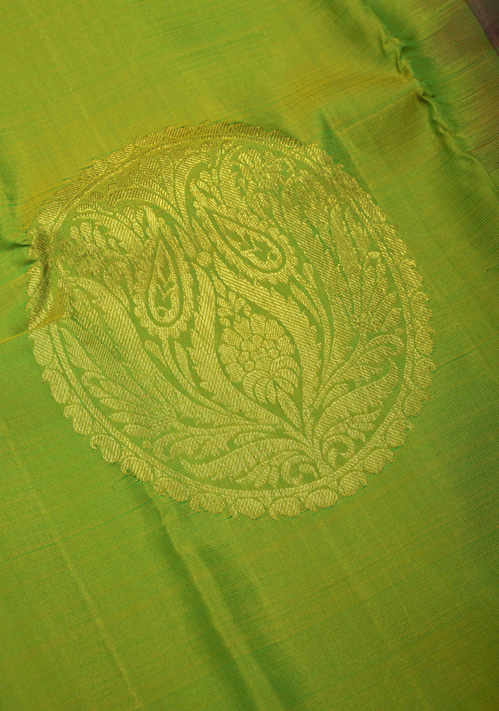 Chartreuse Kanjivaram Silk Saree with Floral Mandala Motifs and Dual tone Border | SILK MARK CERTIFIED