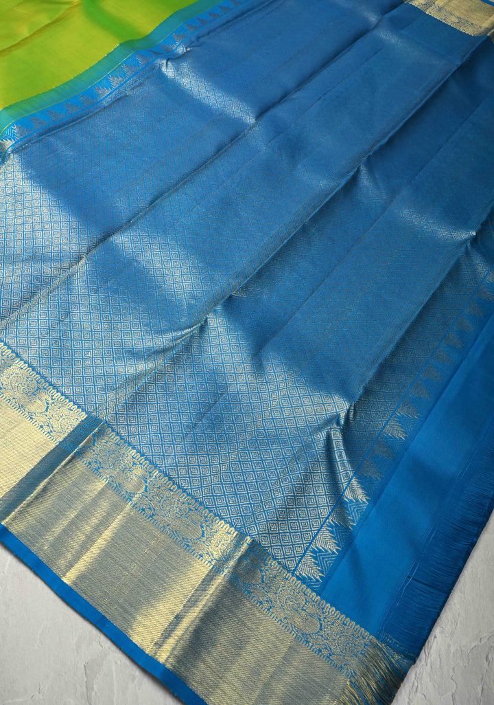 Chartreuse Kanjivaram Silk Saree with Gold-Sliver Buttas and Zari Border | SILK MARK CERTIFIED