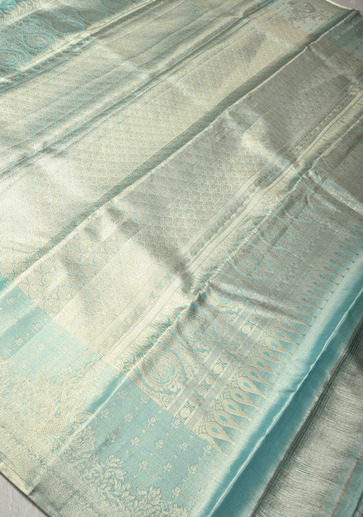 Aqua Blue Kanjivaram Pure Silk Tissue Saree with Meenakari Brocade Jaal and Zari Border | SILK MARK CERTIFIED