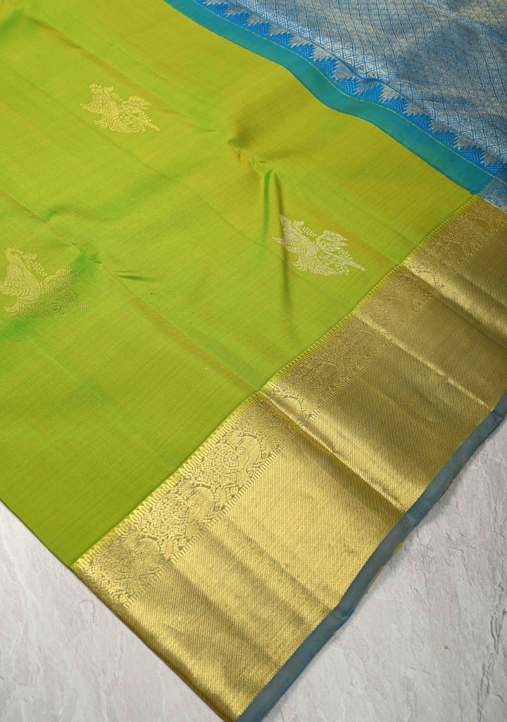 Chartreuse Kanjivaram Silk Saree with Gold-Sliver Buttas and Zari Border | SILK MARK CERTIFIED