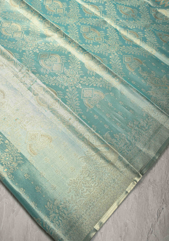 Aqua Blue Kanjivaram Pure Silk Tissue Saree with Meenakari Brocade Jaal and Zari Border | SILK MARK CERTIFIED