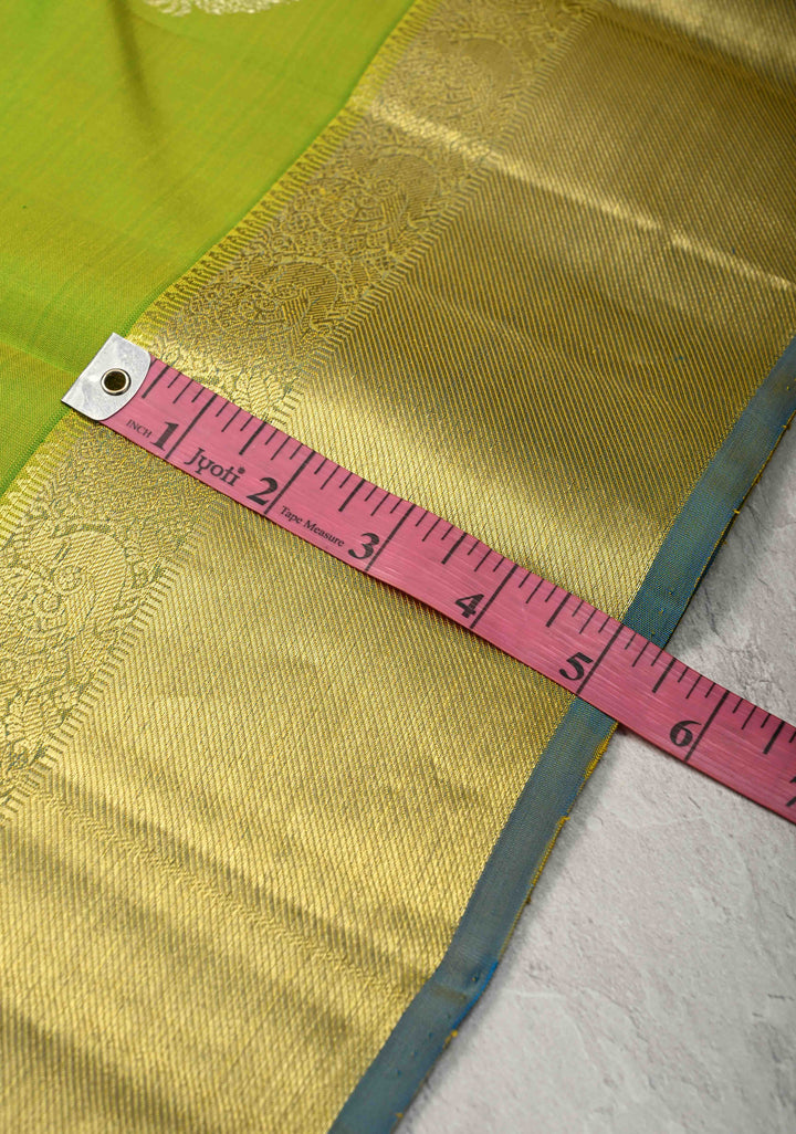 Chartreuse Kanjivaram Silk Saree with Gold-Sliver Buttas and Zari Border | SILK MARK CERTIFIED