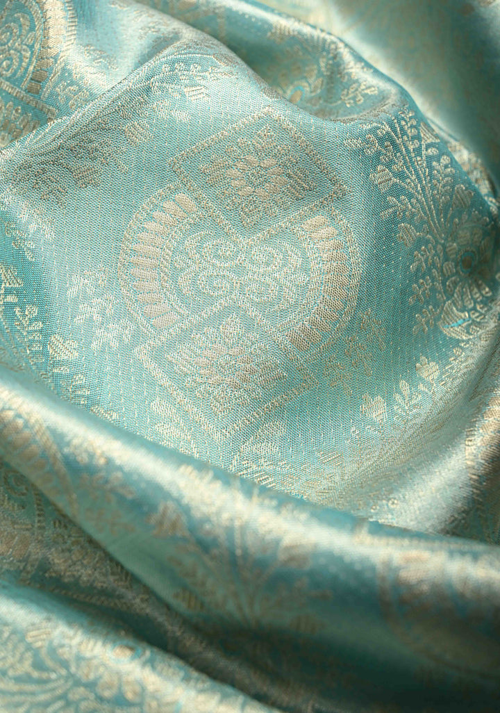 Aqua Blue Kanjivaram Pure Silk Tissue Saree with Meenakari Brocade Jaal and Zari Border | SILK MARK CERTIFIED