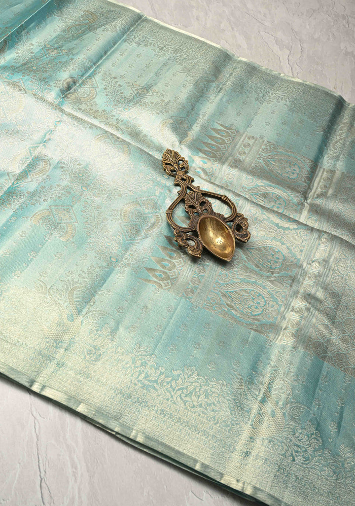 Aqua Blue Kanjivaram Pure Silk Tissue Saree with Meenakari Brocade Jaal and Zari Border | SILK MARK CERTIFIED