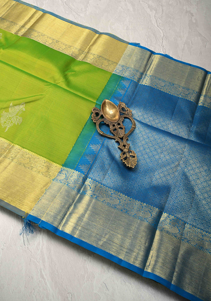 Chartreuse Kanjivaram Silk Saree with Gold-Sliver Buttas and Zari Border | SILK MARK CERTIFIED