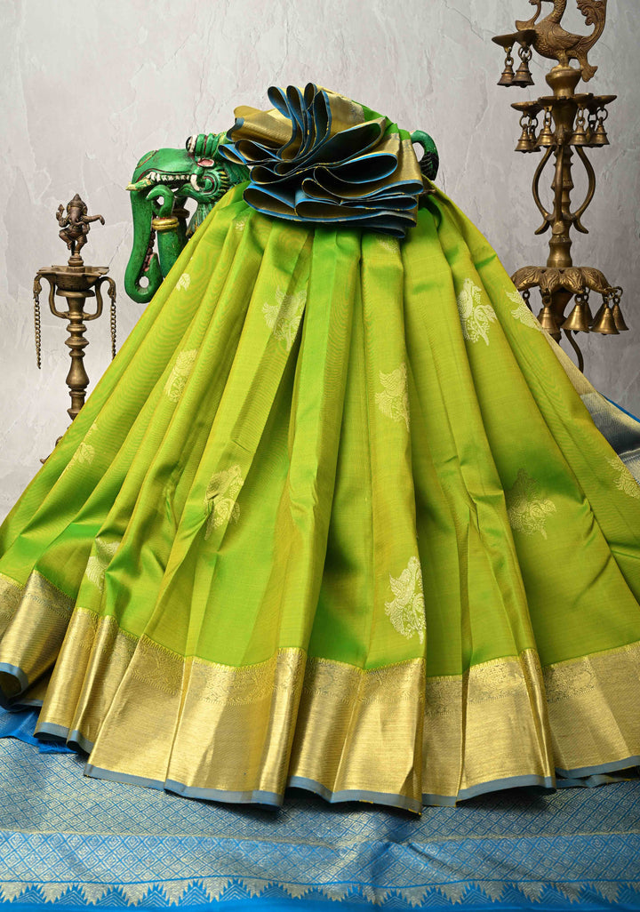 Chartreuse Kanjivaram Silk Saree with Gold-Sliver Buttas and Zari Border | SILK MARK CERTIFIED