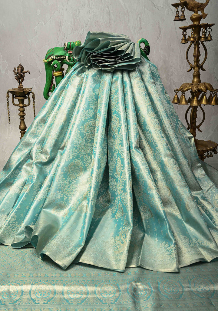 Aqua Blue Kanjivaram Pure Silk Tissue Saree with Meenakari Brocade Jaal and Zari Border | SILK MARK CERTIFIED