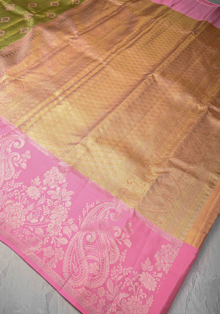 Olive Green Meenakari on Tissue Kanjivaram Silk Saree with Floral Brocade Jaal and Contrast Zari Border | SILK MARK CERTIFIED