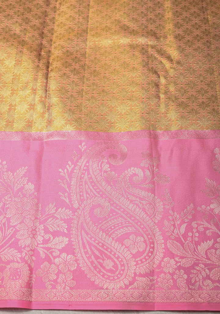 Olive Green Meenakari on Tissue Kanjivaram Silk Saree with Floral Brocade Jaal and Contrast Zari Border | SILK MARK CERTIFIED