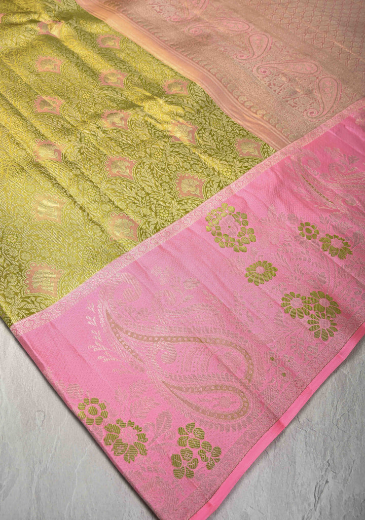 Olive Green Meenakari on Tissue Kanjivaram Silk Saree with Floral Brocade Jaal and Contrast Zari Border | SILK MARK CERTIFIED