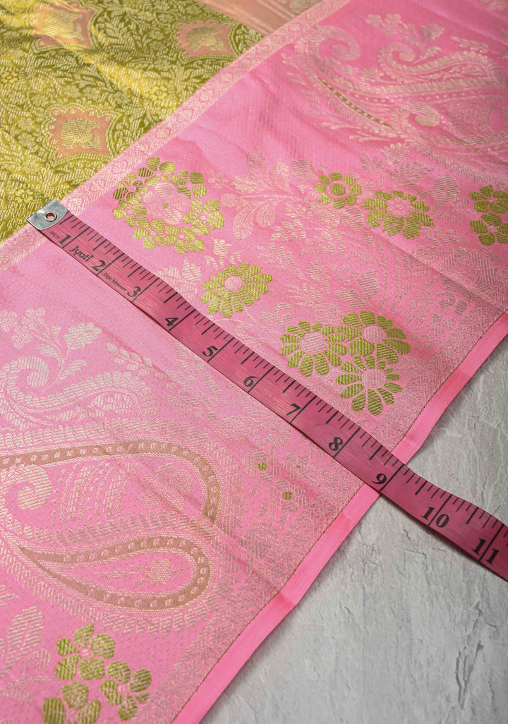 Olive Green Meenakari on Tissue Kanjivaram Silk Saree with Floral Brocade Jaal and Contrast Zari Border | SILK MARK CERTIFIED