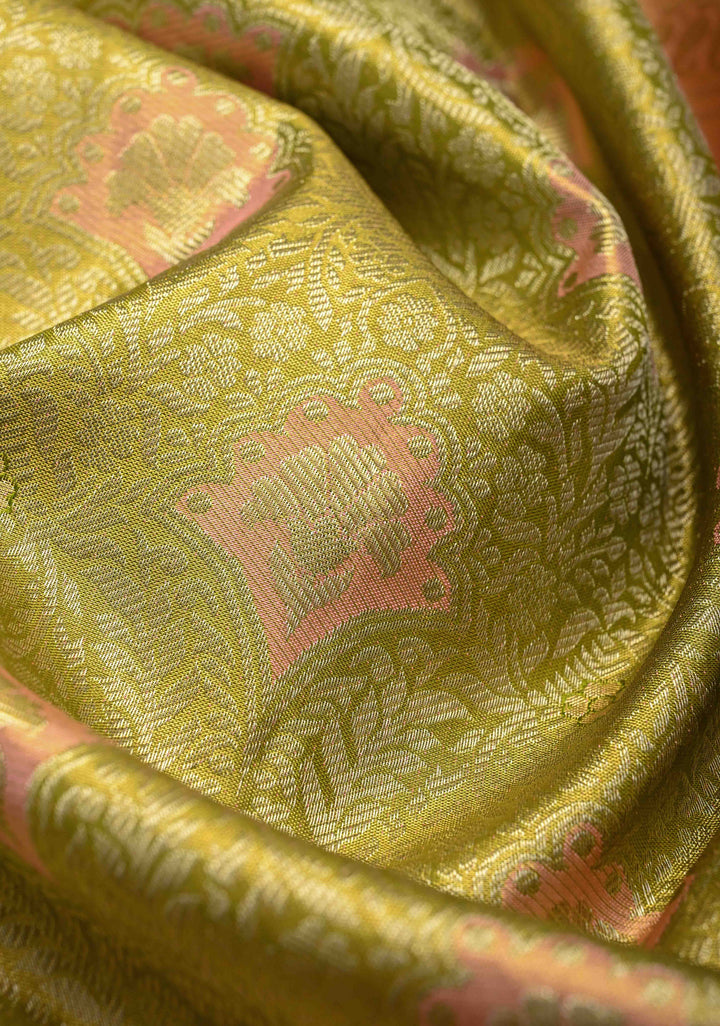 Olive Green Meenakari on Tissue Kanjivaram Silk Saree with Floral Brocade Jaal and Contrast Zari Border | SILK MARK CERTIFIED