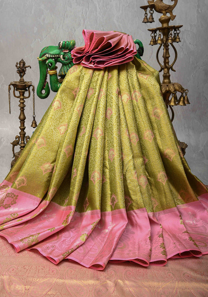 Olive Green Meenakari on Tissue Kanjivaram Silk Saree with Floral Brocade Jaal and Contrast Zari Border | SILK MARK CERTIFIED