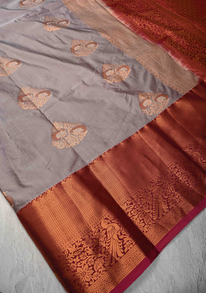 Light Dusty Mauve Kanjivaram Semi Silk Saree with Meenakari Buttas and Contrast Zari Border
