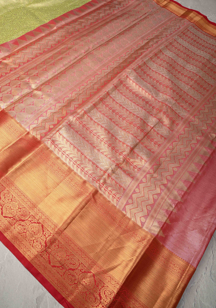 Light Lime Green Kanjivaram  Tissue Semi Silk Saree with Floral Brocade and Zari Border