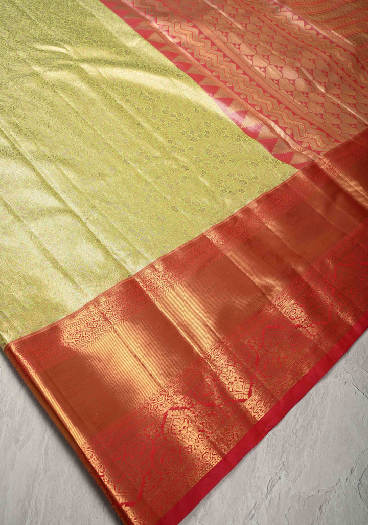 Light Lime Green Kanjivaram  Tissue Semi Silk Saree with Floral Brocade and Zari Border