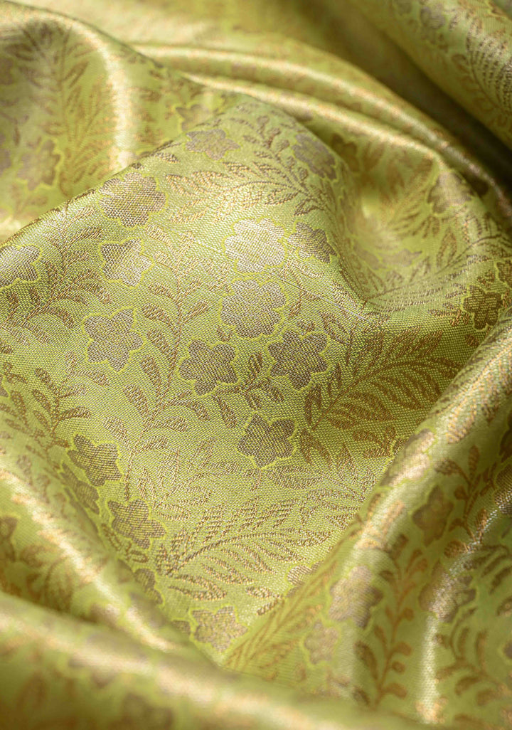 Light Lime Green Kanjivaram  Tissue Semi Silk Saree with Floral Brocade and Zari Border