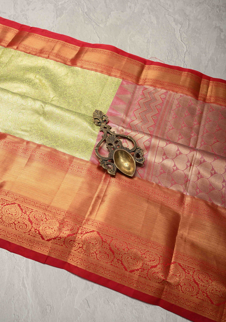 Light Lime Green Kanjivaram  Tissue Semi Silk Saree with Floral Brocade and Zari Border