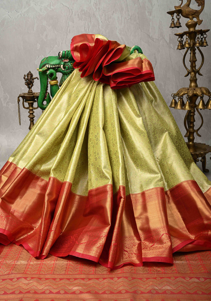 Light Lime Green Kanjivaram  Tissue Semi Silk Saree with Floral Brocade and Zari Border