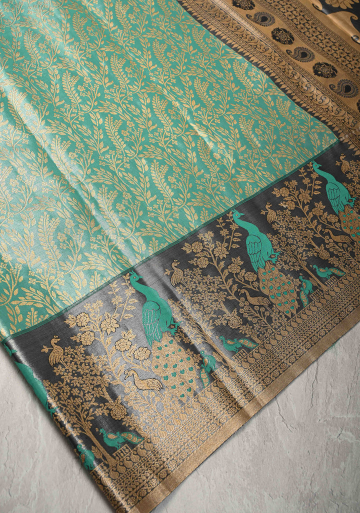 Rama Green Kanjivaram Tissue Semi Silk Saree with Floral Brocade Jaal and Contrast Meenakari Peacock Border