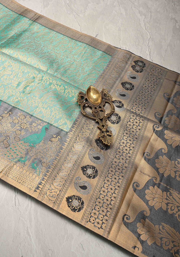 Rama Green Kanjivaram Tissue Semi Silk Saree with Floral Brocade Jaal and Contrast Meenakari Peacock Border