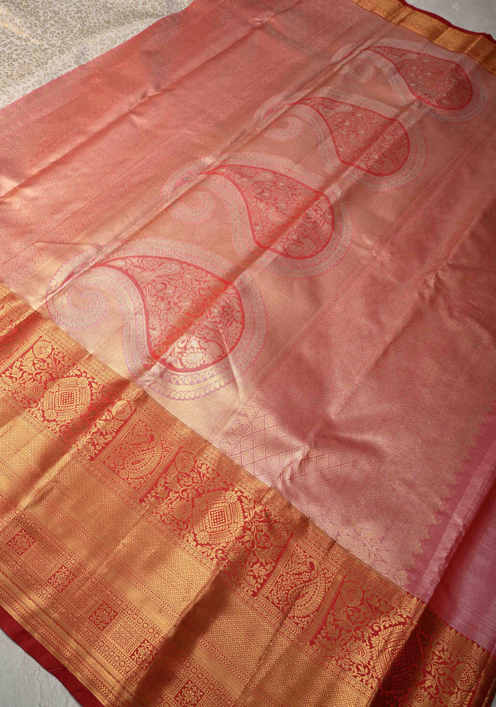 White Kanjivaram Tissue Semi Silk Saree with Meenakari Floral Brocade Jaal and Contrast Zari Border