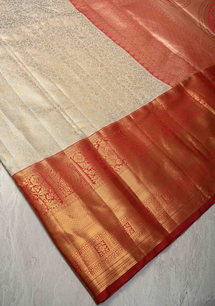 White Kanjivaram Tissue Semi Silk Saree with Meenakari Floral Brocade Jaal and Contrast Zari Border