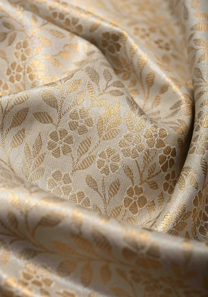 White Kanjivaram Tissue Semi Silk Saree with Meenakari Floral Brocade Jaal and Contrast Zari Border