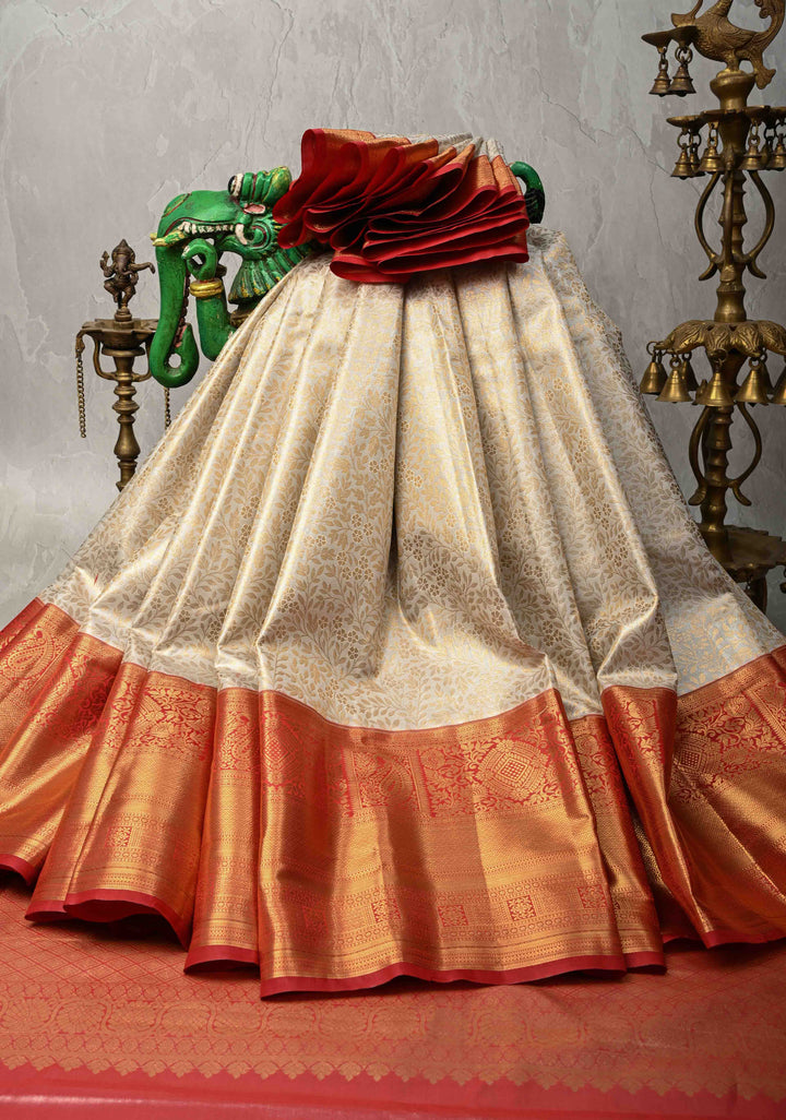 White Kanjivaram Tissue Semi Silk Saree with Meenakari Floral Brocade Jaal and Contrast Zari Border