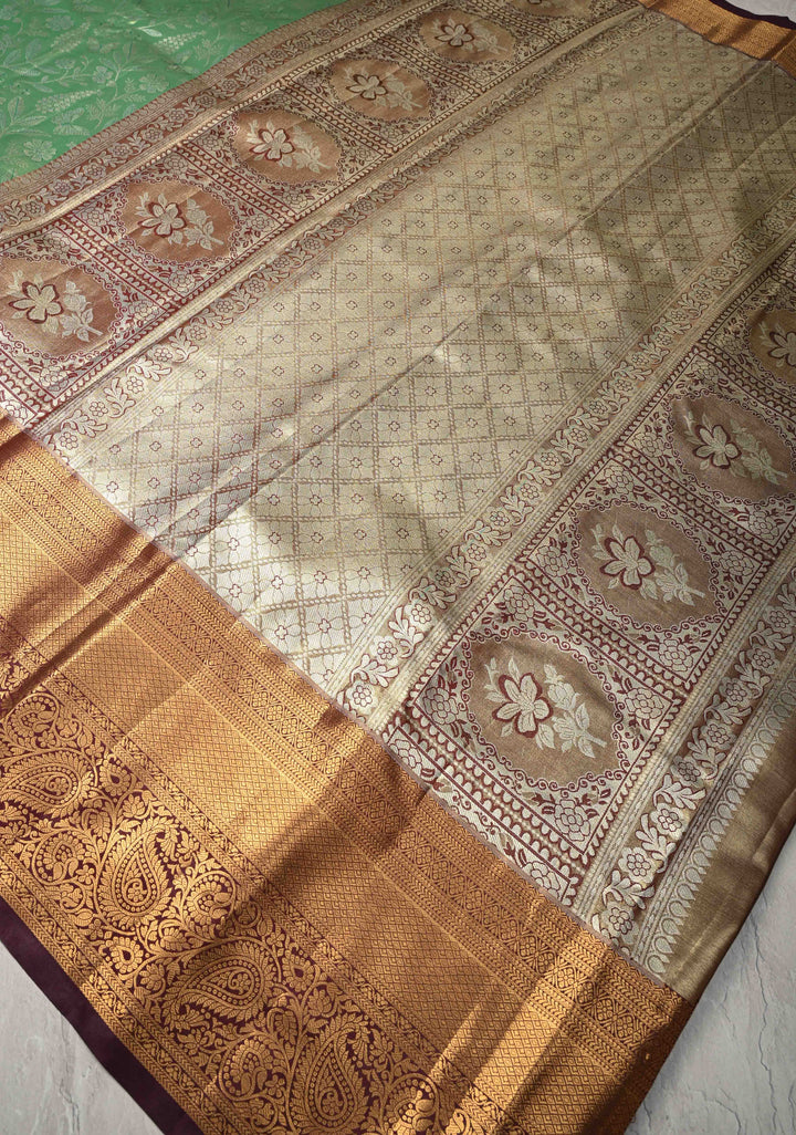 Fresh Green Kanjivaram Tissue Semi Silk Saree with Floral Brocade and Zari Border