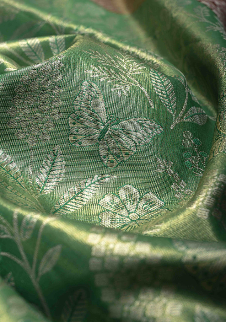Fresh Green Kanjivaram Tissue Semi Silk Saree with Floral Brocade and Zari Border