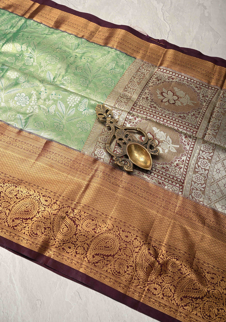Fresh Green Kanjivaram Tissue Semi Silk Saree with Floral Brocade and Zari Border