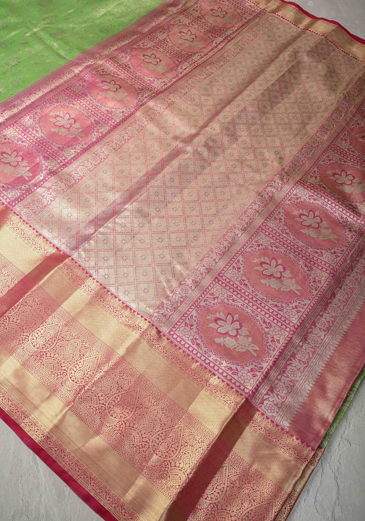Parrot Green Kanjivaram Tissue Semi Silk Saree with Meenakari Floral Brocade and Contrast Zari Border