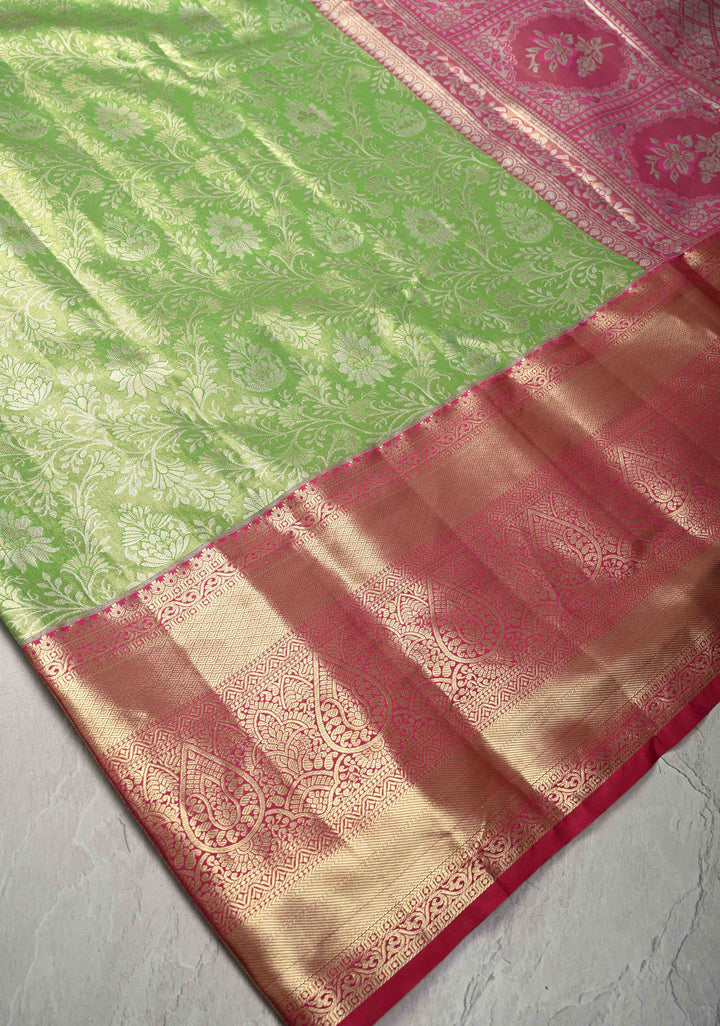 Parrot Green Kanjivaram Tissue Semi Silk Saree with Meenakari Floral Brocade and Contrast Zari Border