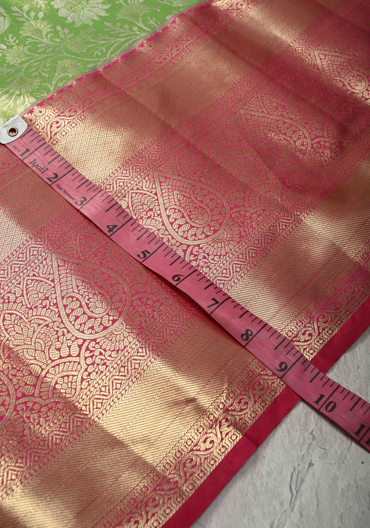 Parrot Green Kanjivaram Tissue Semi Silk Saree with Meenakari Floral Brocade and Contrast Zari Border