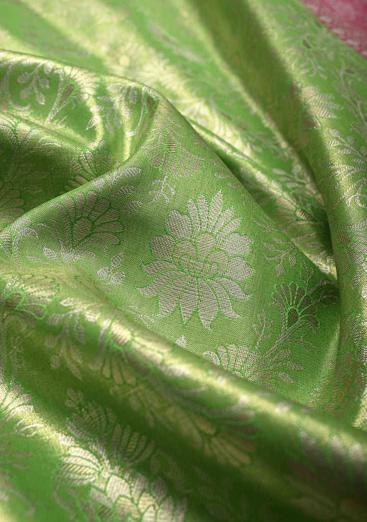 Parrot Green Kanjivaram Tissue Semi Silk Saree with Meenakari Floral Brocade and Contrast Zari Border