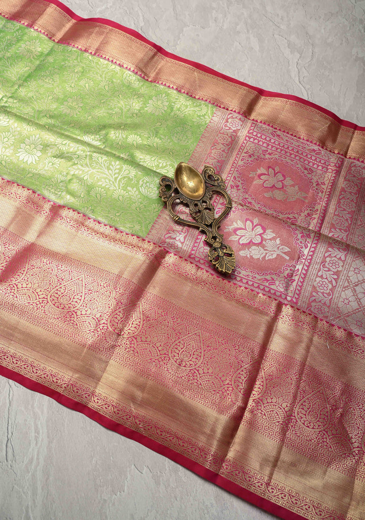 Parrot Green Kanjivaram Tissue Semi Silk Saree with Meenakari Floral Brocade and Contrast Zari Border