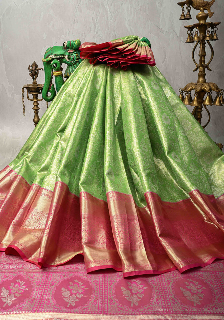 Parrot Green Kanjivaram Tissue Semi Silk Saree with Meenakari Floral Brocade and Contrast Zari Border