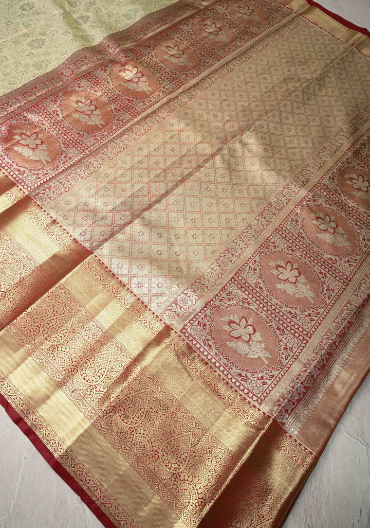 Lime Mist Kanjivaram Tissue Semi Silk Saree with Floral Brocade and Zari Border